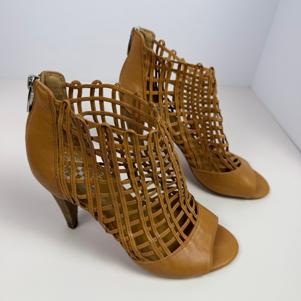 Vince Camuto Boho Minimalist Women Cage Peep Toe Heel Tan Leather